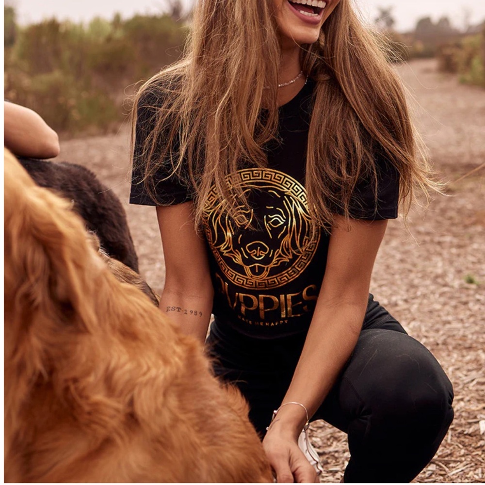 New Puppies Make Me Happy Verdoggie Gold Foil Black Tee - Sold Out